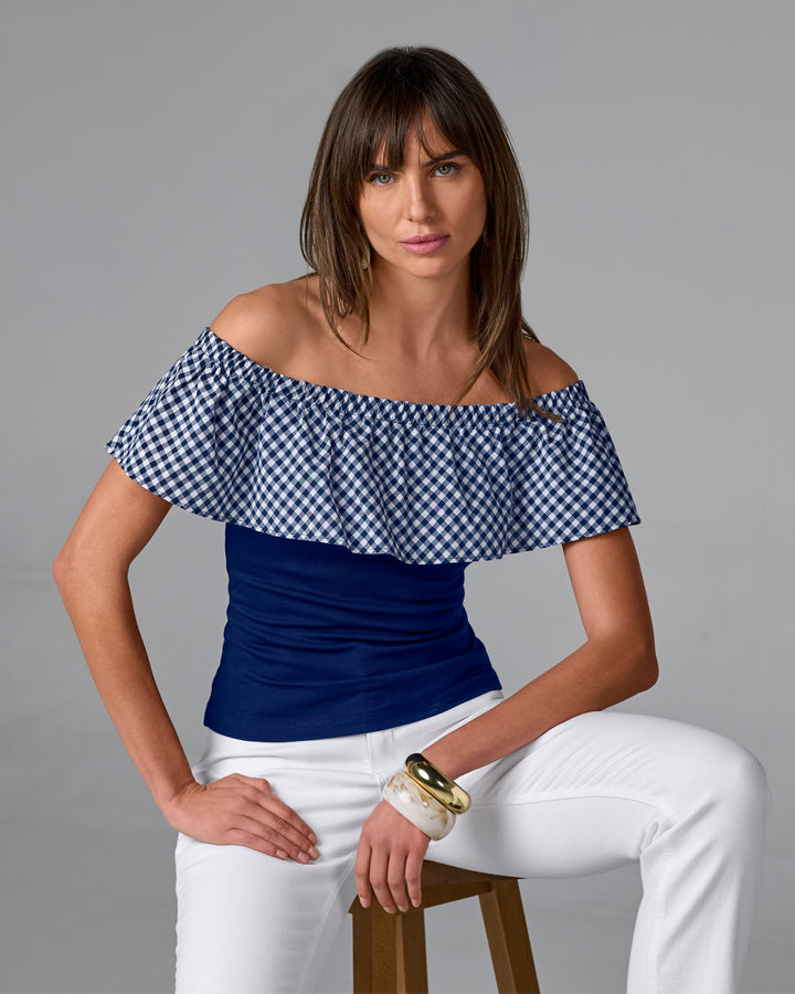 Gingham Off The Shoulder Knit Top Navy
