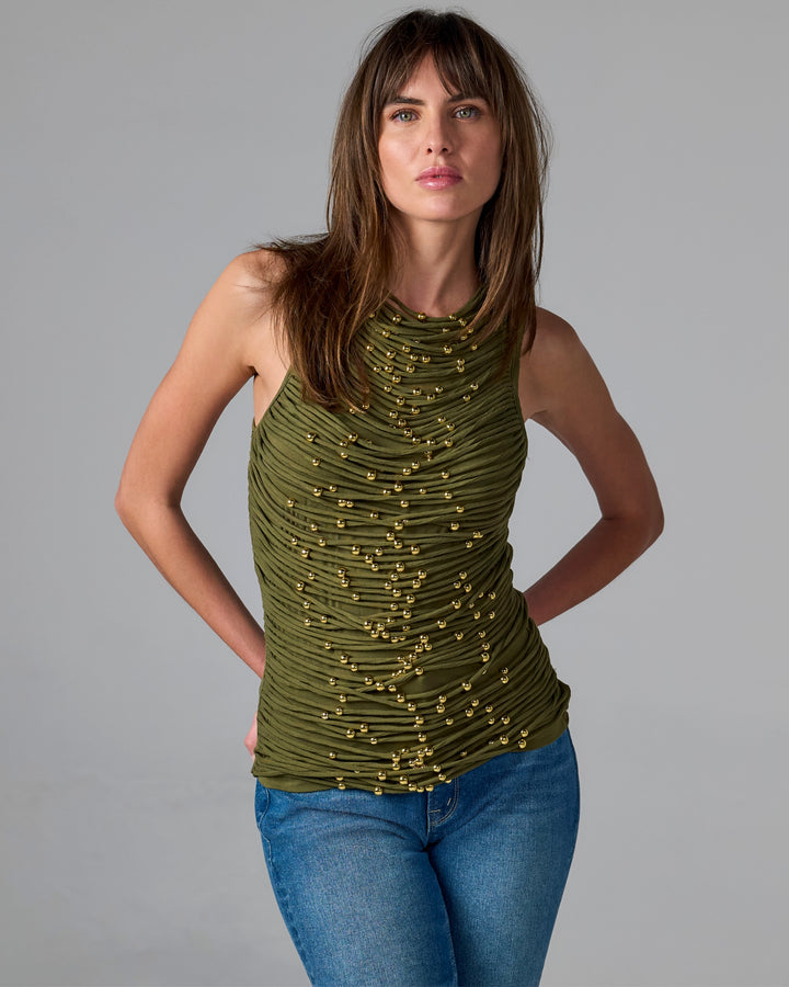 High Neck Beaded Mesh Top Olive Night
