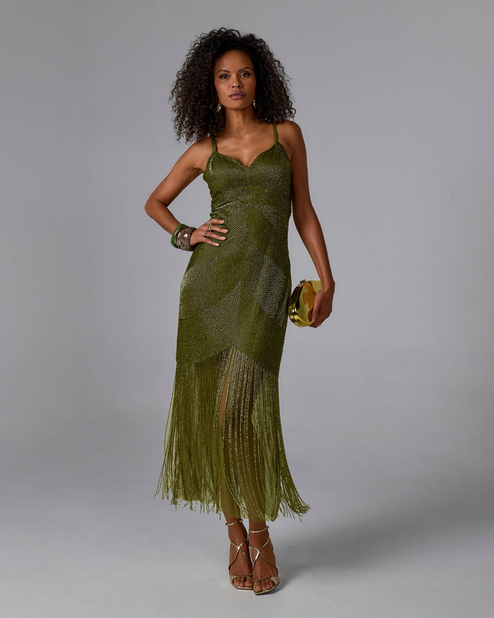All Over Beaded Fringe Maxi Dress - Olive