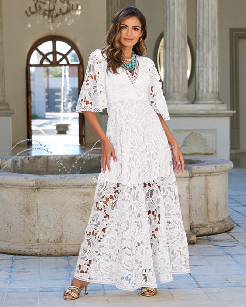 white lace dress with sleeves Lace Flounce Sleeve Maxi Dress - White