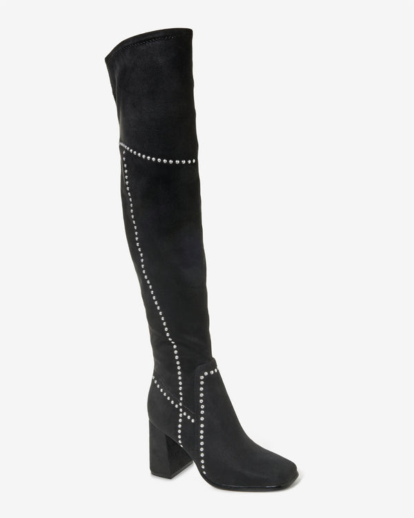 Over The Knee Studded Square Toe Boot Black