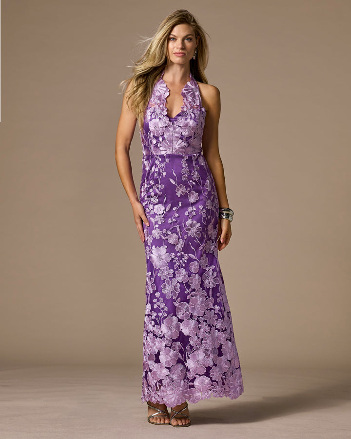 Scallop Detail Halter Embroidered Mesh Gown Lavender
