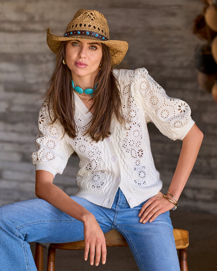 Eyelet Cable Button Up Cardigan Sweater Off White