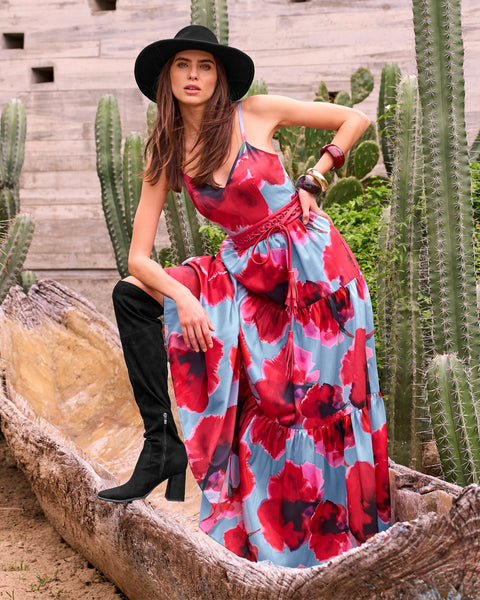 Watercolor Floral Tiered Maxi Gown - Blue Multi | Boston Proper