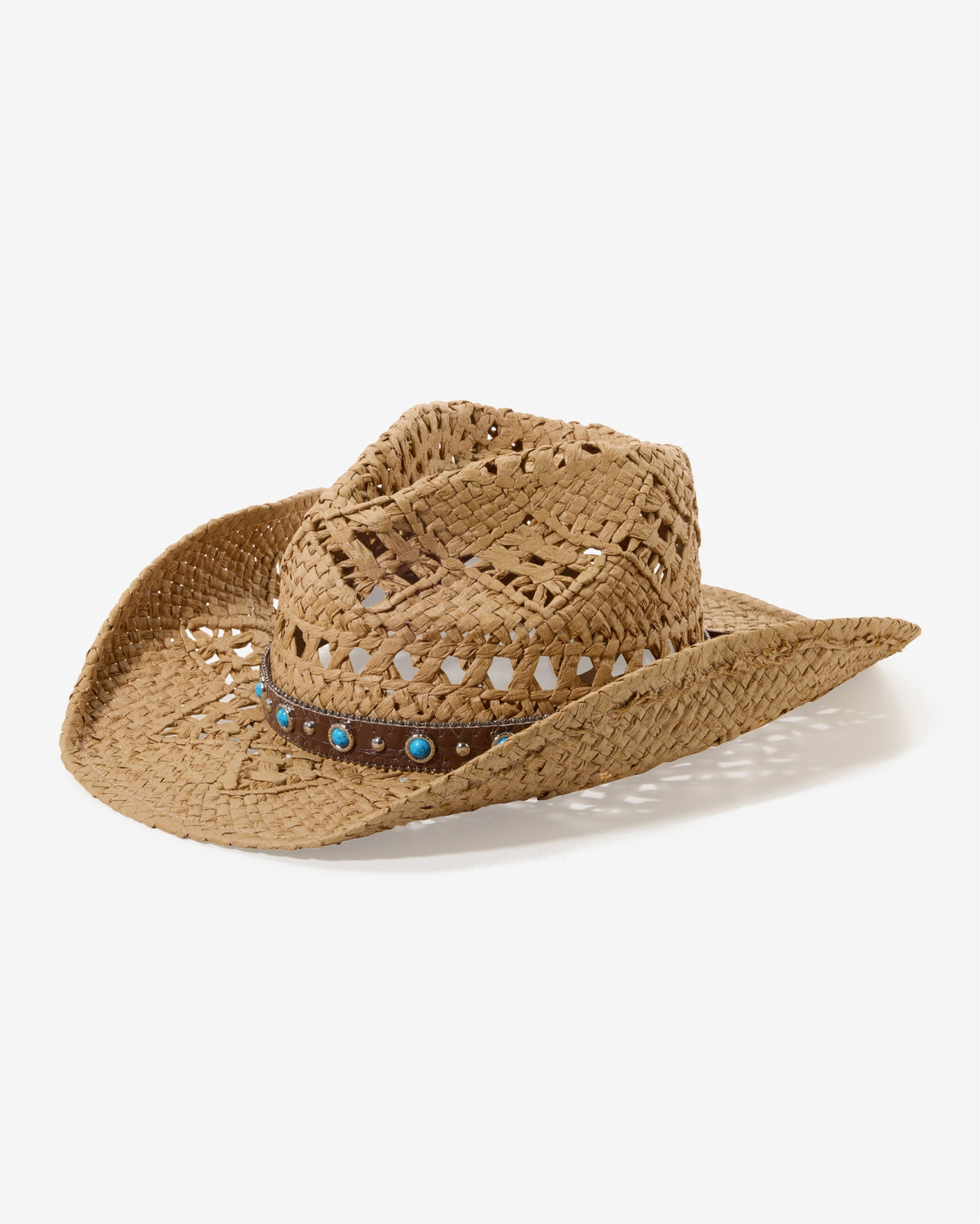 Turquoise and Leather Trim Western Hat Natural