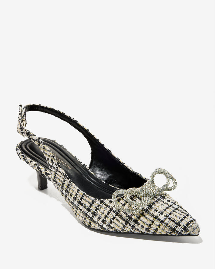 Bow Detail Tweed Sling-Back Kitten Heel Black Multi