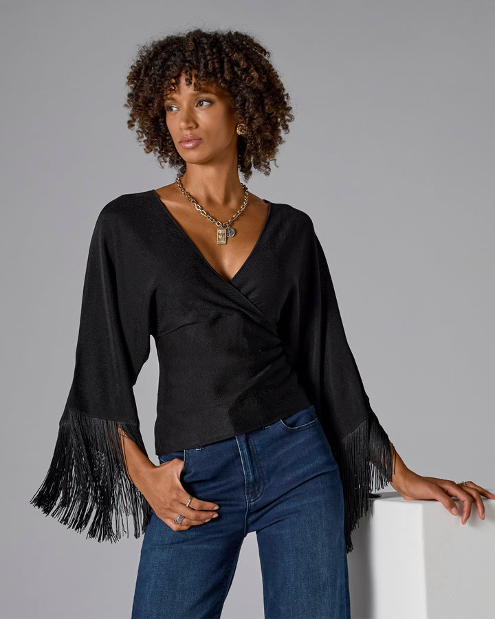 Surplice V-Neck Sleeve Fringe Sweater Top Black