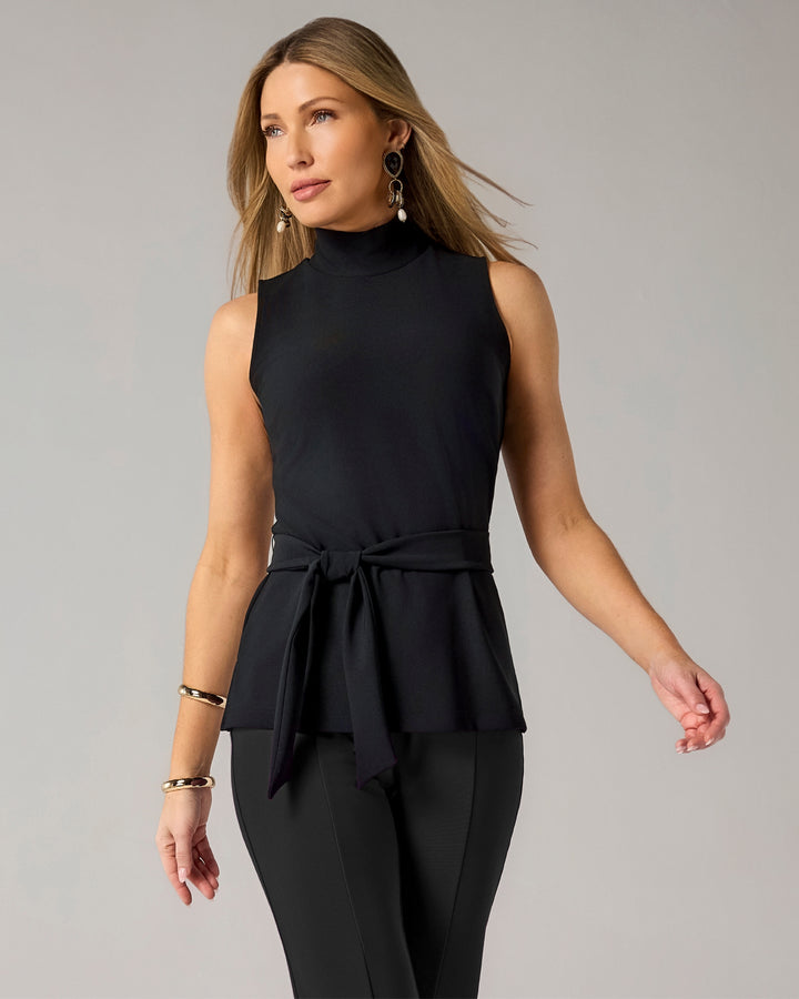 Beyond Travel Belted Mockneck Tunic Top Jet Black