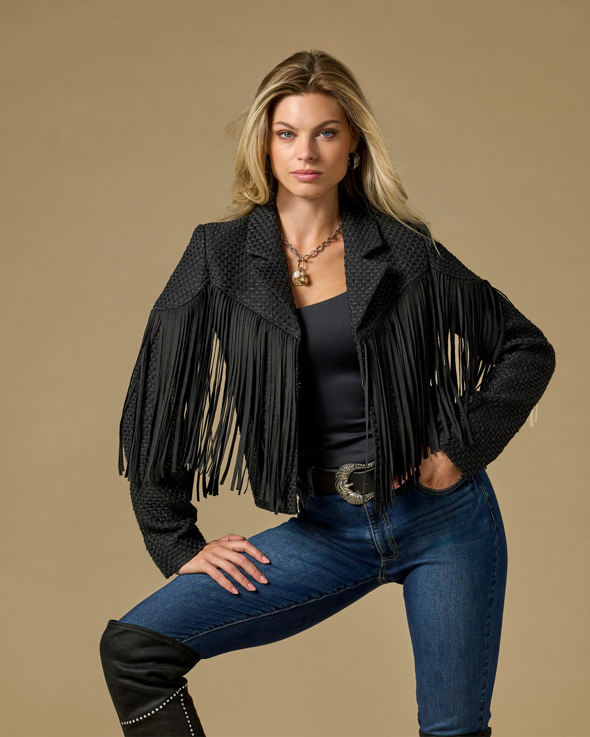 Fringe Detail Collared Shimmer Tweed Jacket Black