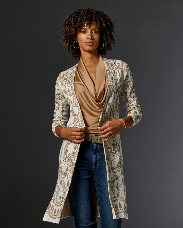 Patterned Long Lightweight Cardigan Golden Scrolls