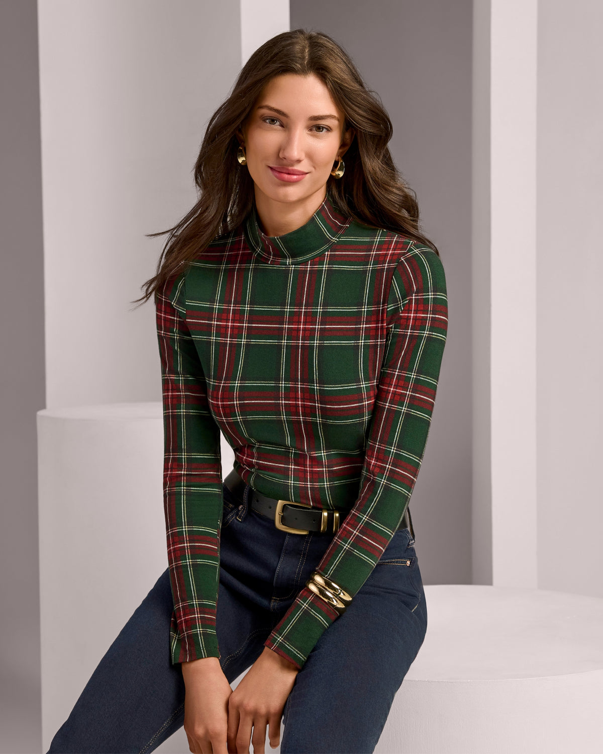 Long Sleeve Printed Turtleneck Top Christmas Plaid