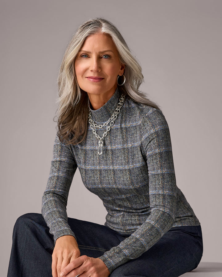 Long Sleeve Printed Turtleneck Top Plaid Fete