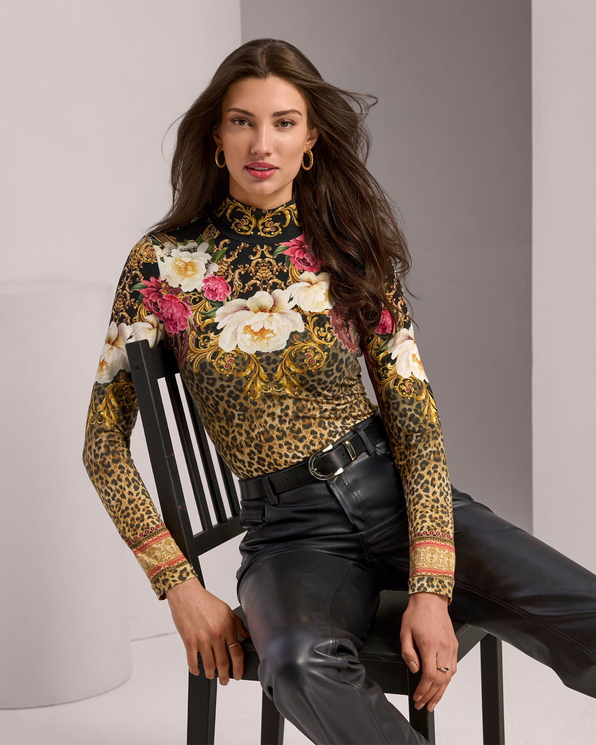 Long Sleeve Printed Turtleneck Top Cheetah Blooms