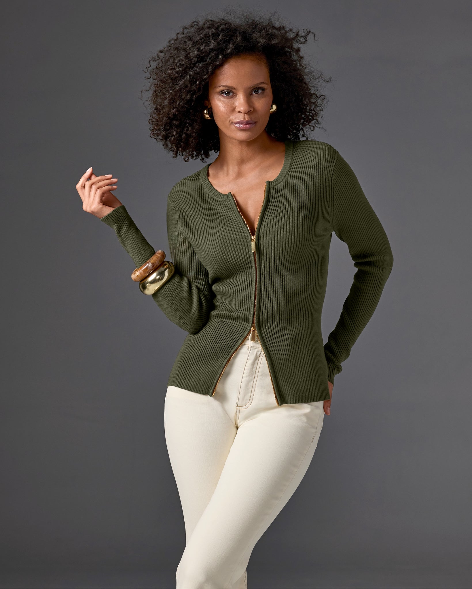 Ribbed Collarless Full Zip Cardigan - Olive Night | Boston Proper