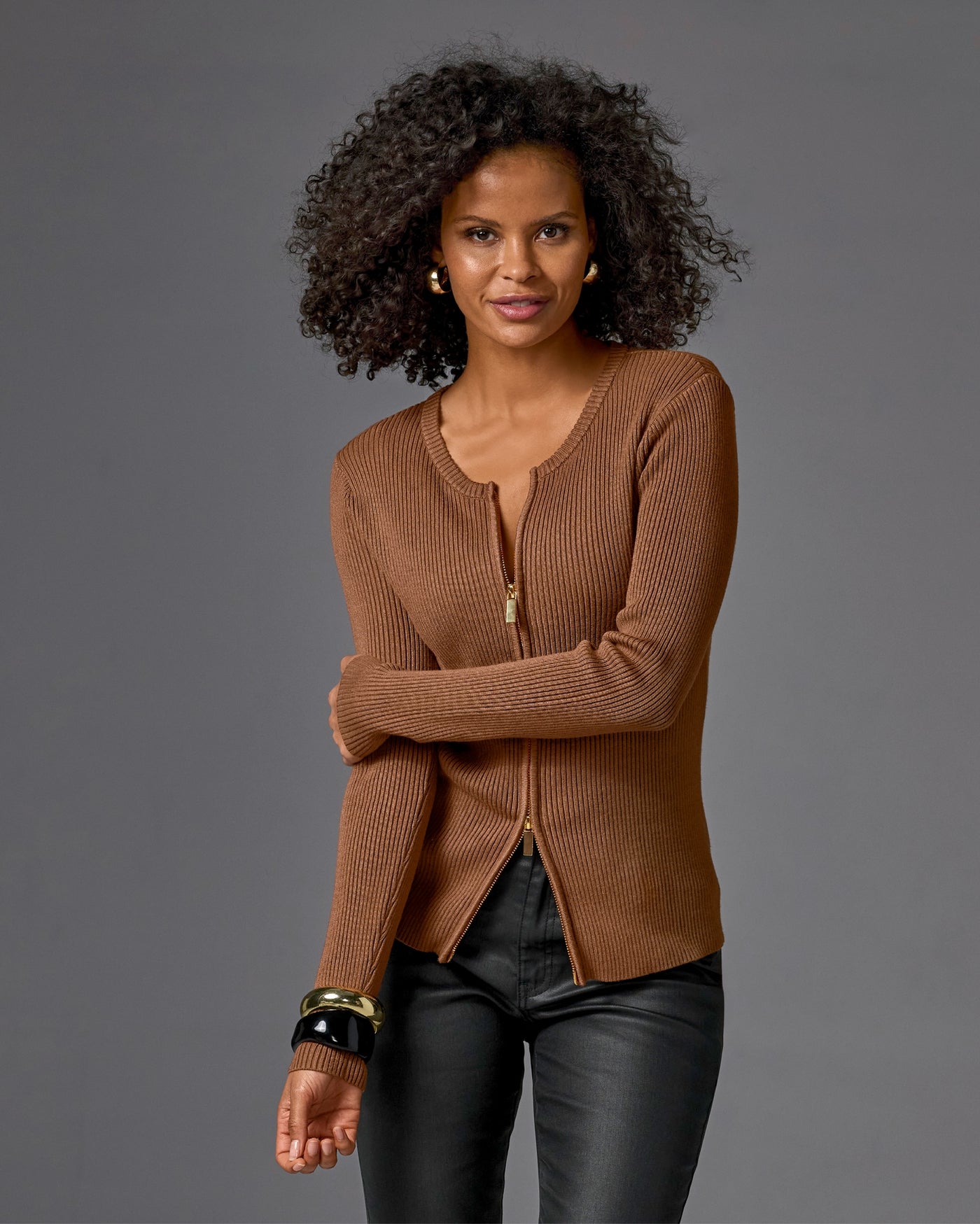 Ribbed Collarless Full Zip Cardigan Toffee