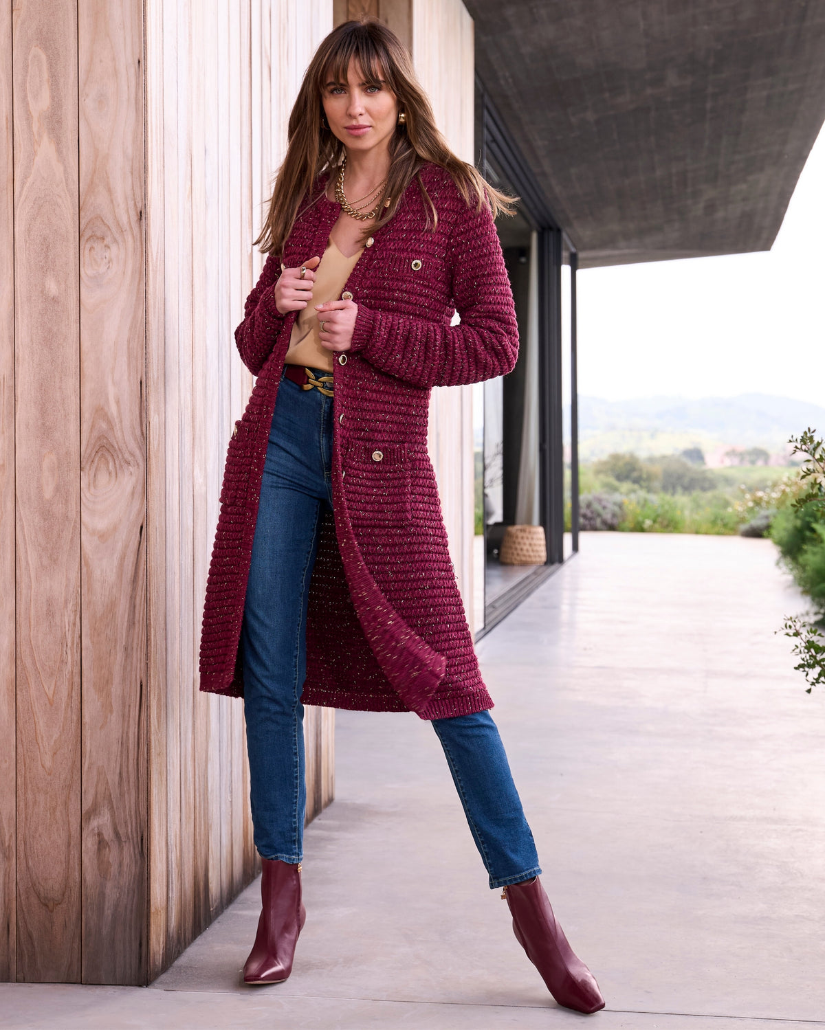 Marled Lurex Sweater Duster Burgundy Multi