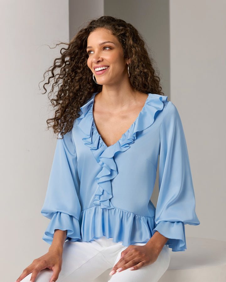 Paige Ruffle Charmeuse Blouse Blue Bell