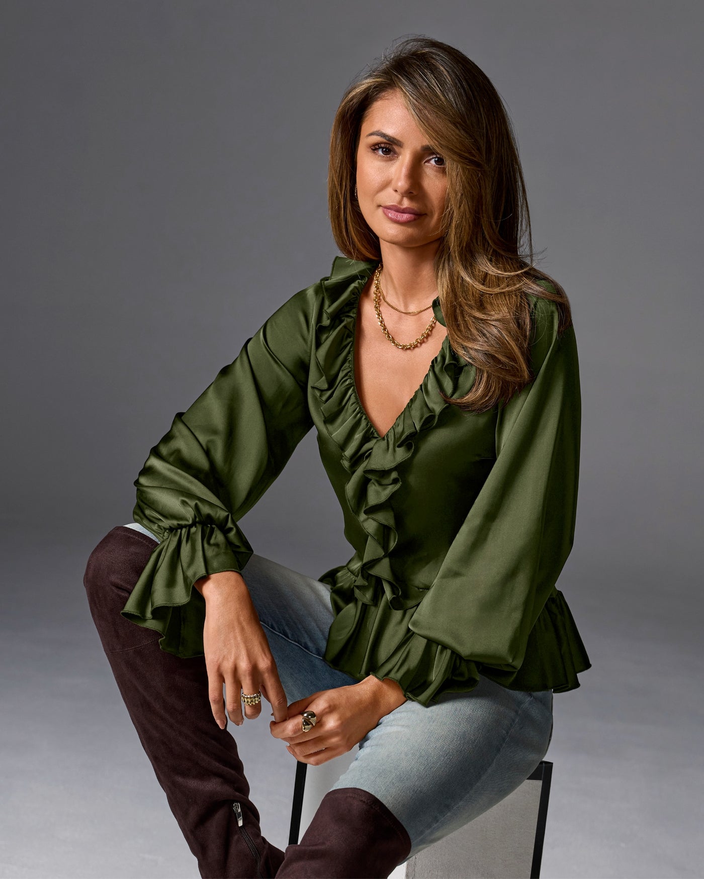 Paige Ruffle Charmeuse Blouse Olive Night