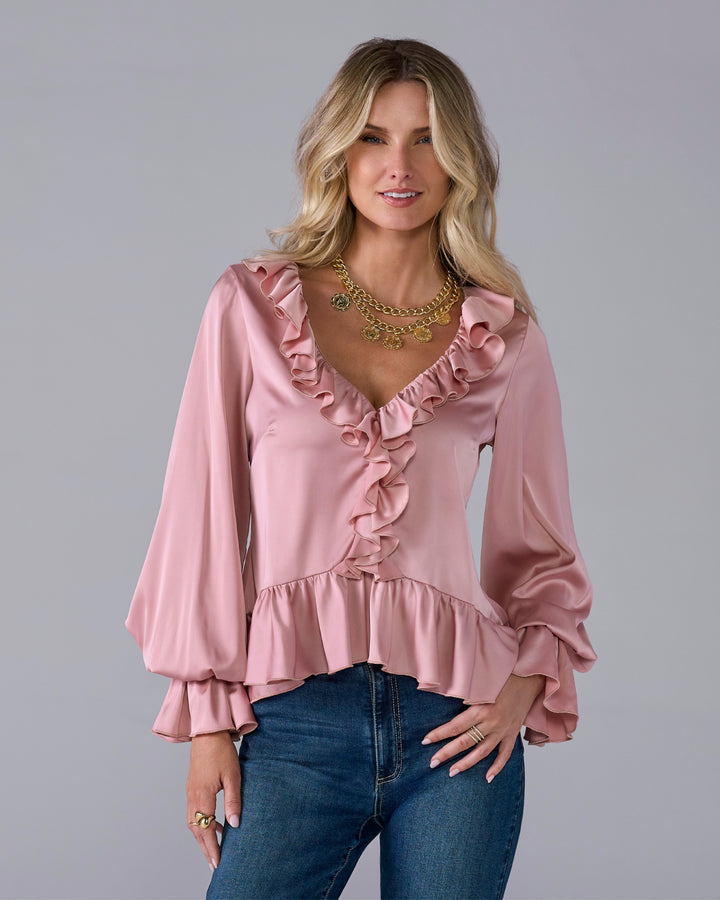 Paige Ruffle Charmeuse Blouse Coral Blush
