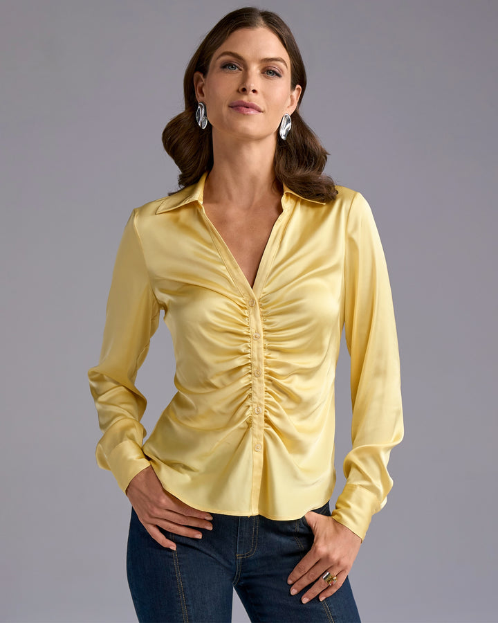 Jessie Charmeuse Ruched Center Front Button Up Shirt Pale Banana