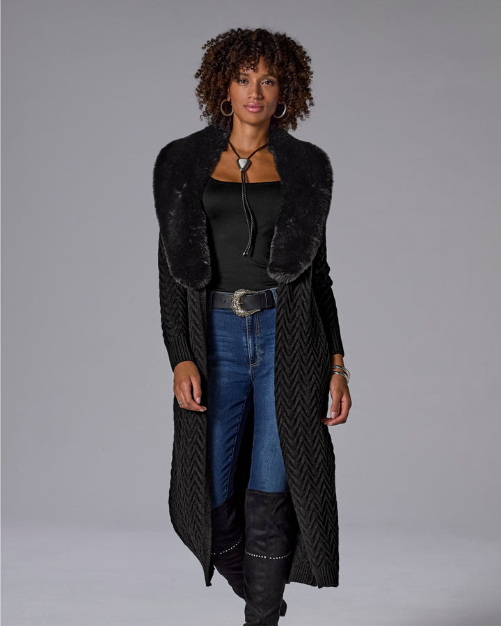 Faux Fur Trim Sweater Duster Proper Black