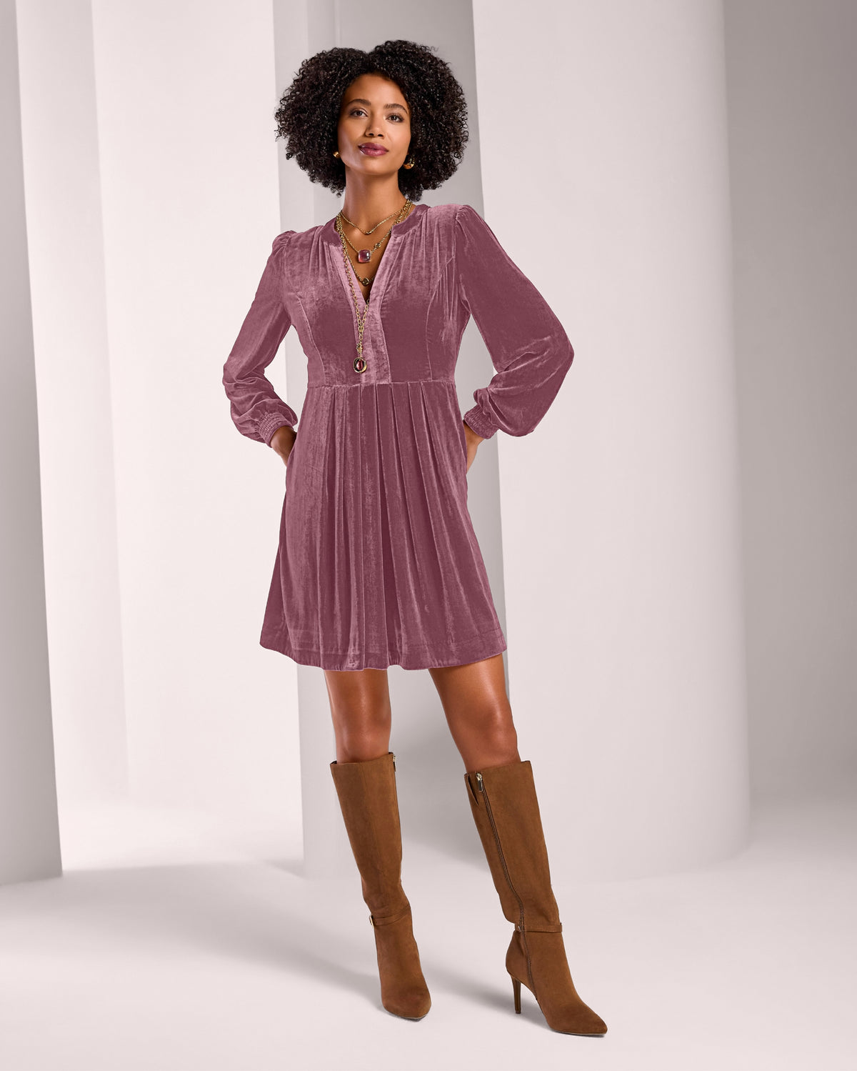 Crushed Velvet Pleated Shift Dress Mesa Rose