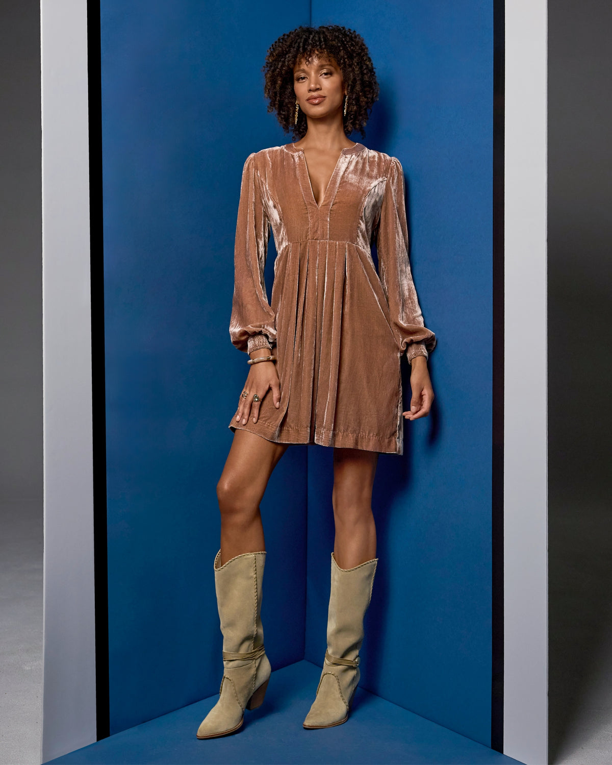 Crushed Velvet Pleated Shift Dress Mocha Mousse
