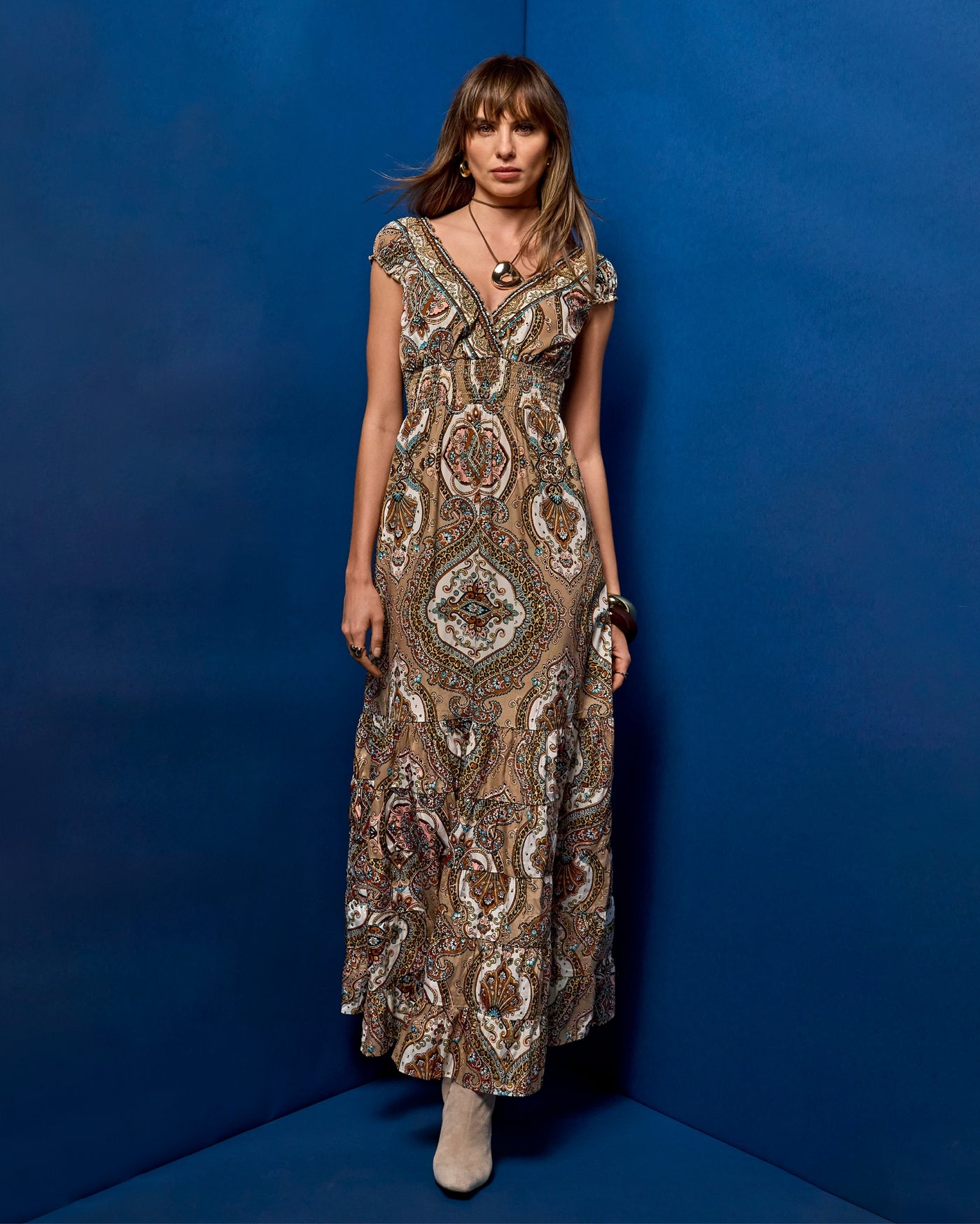 Foil Metallic Print Tiered Maxi Dress Festive Medallion