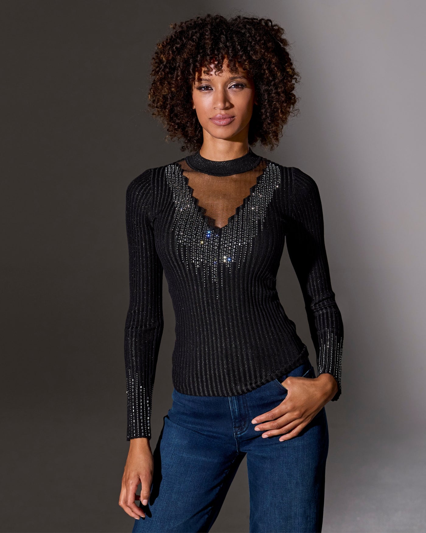 Rhinestone Embellished Mesh Illusion Sweater Proper Black
