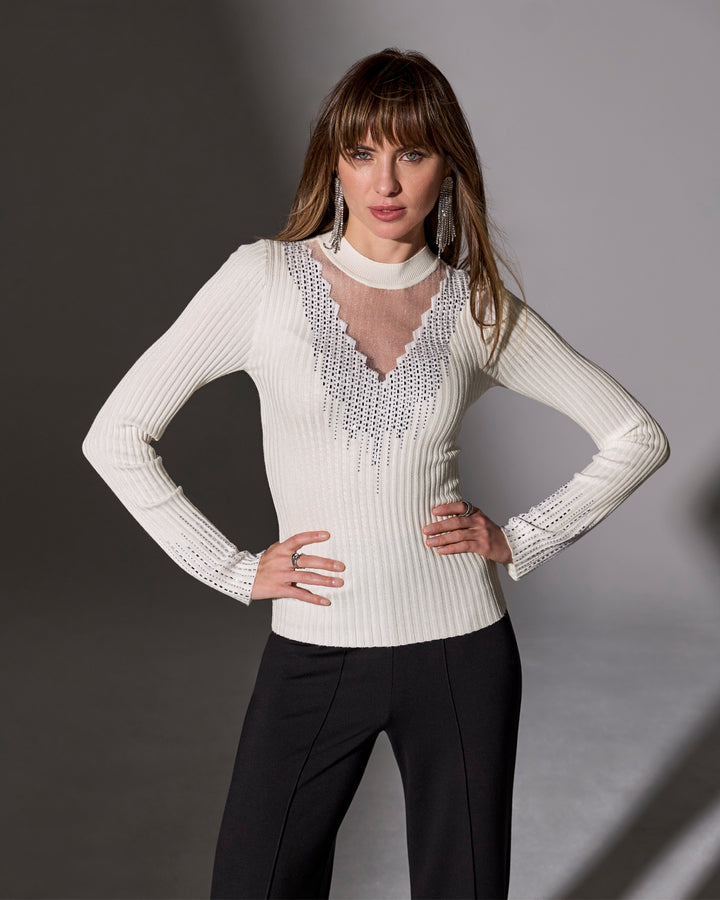 Rhinestone Embellished Mesh Illusion Sweater Off White