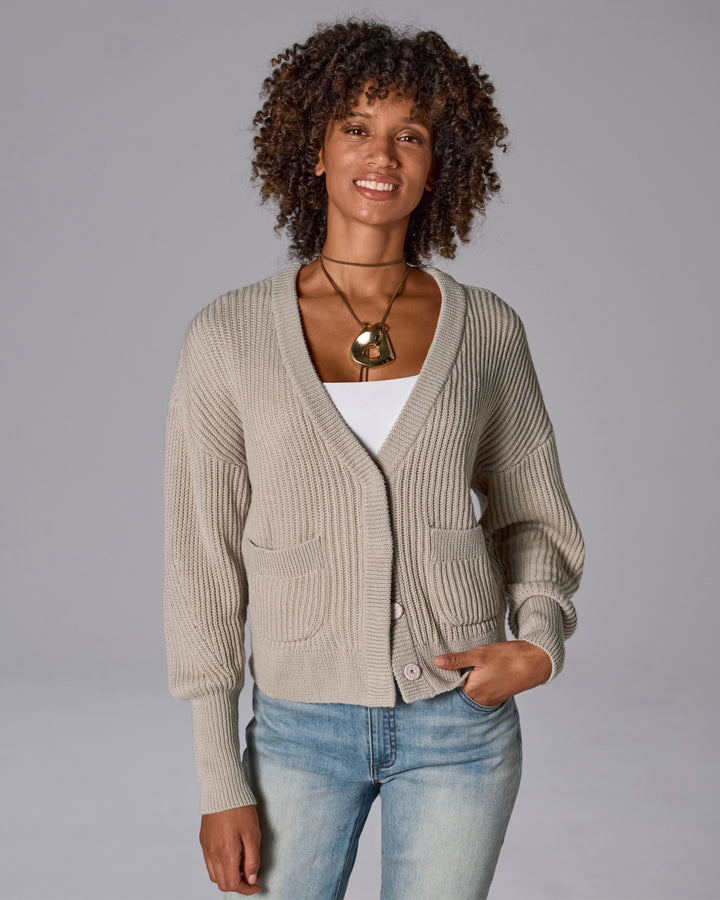 Relaxed Ribbed V-Neck Cardigan Heather Oatmeal