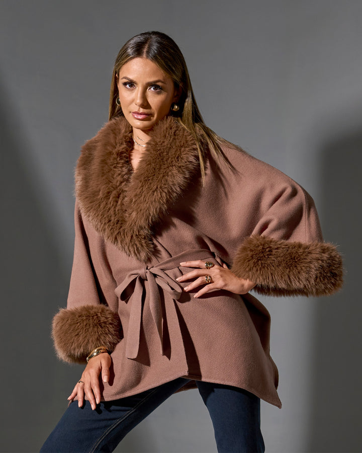Faux Fur Tie Waist Poncho Toffee