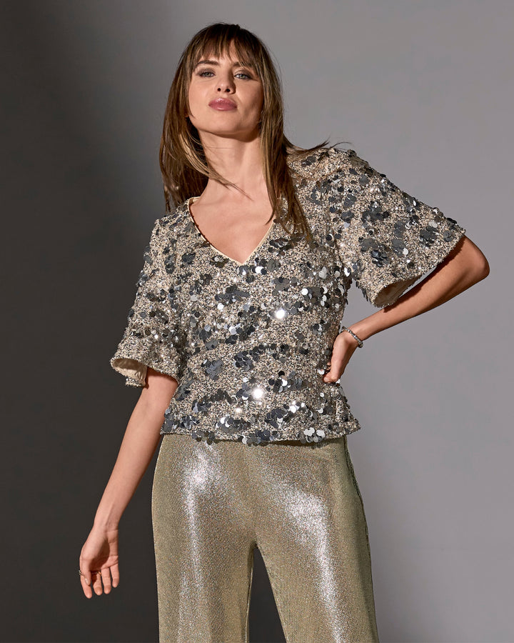 Sequin Paillette Knit Top White Silver