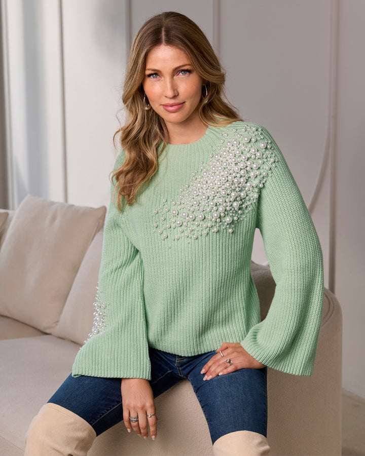 Pearl Embellished Flare Sleeve Sweater Surf Spray