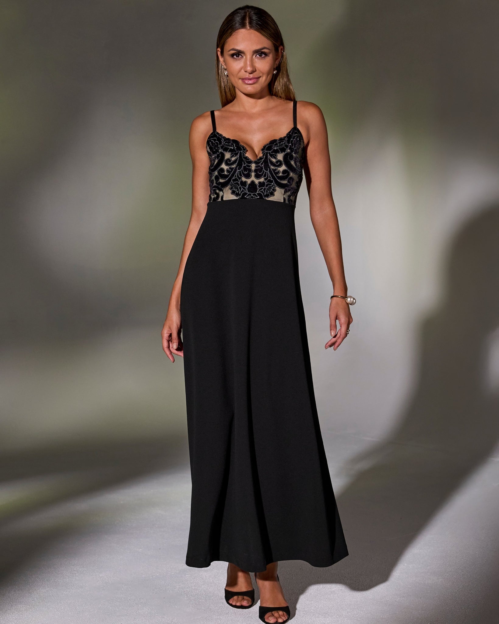Floral Velvet Bodice A-Line Maxi Dress - Black | Boston Proper Floral Velvet Bodice A-Line Maxi Dress - Black | Boston Proper