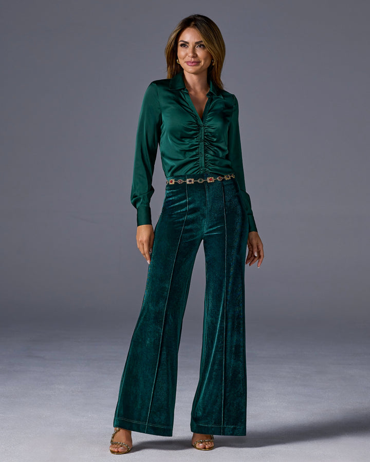 Pull-On Velvet Wide Leg Pant Emerald