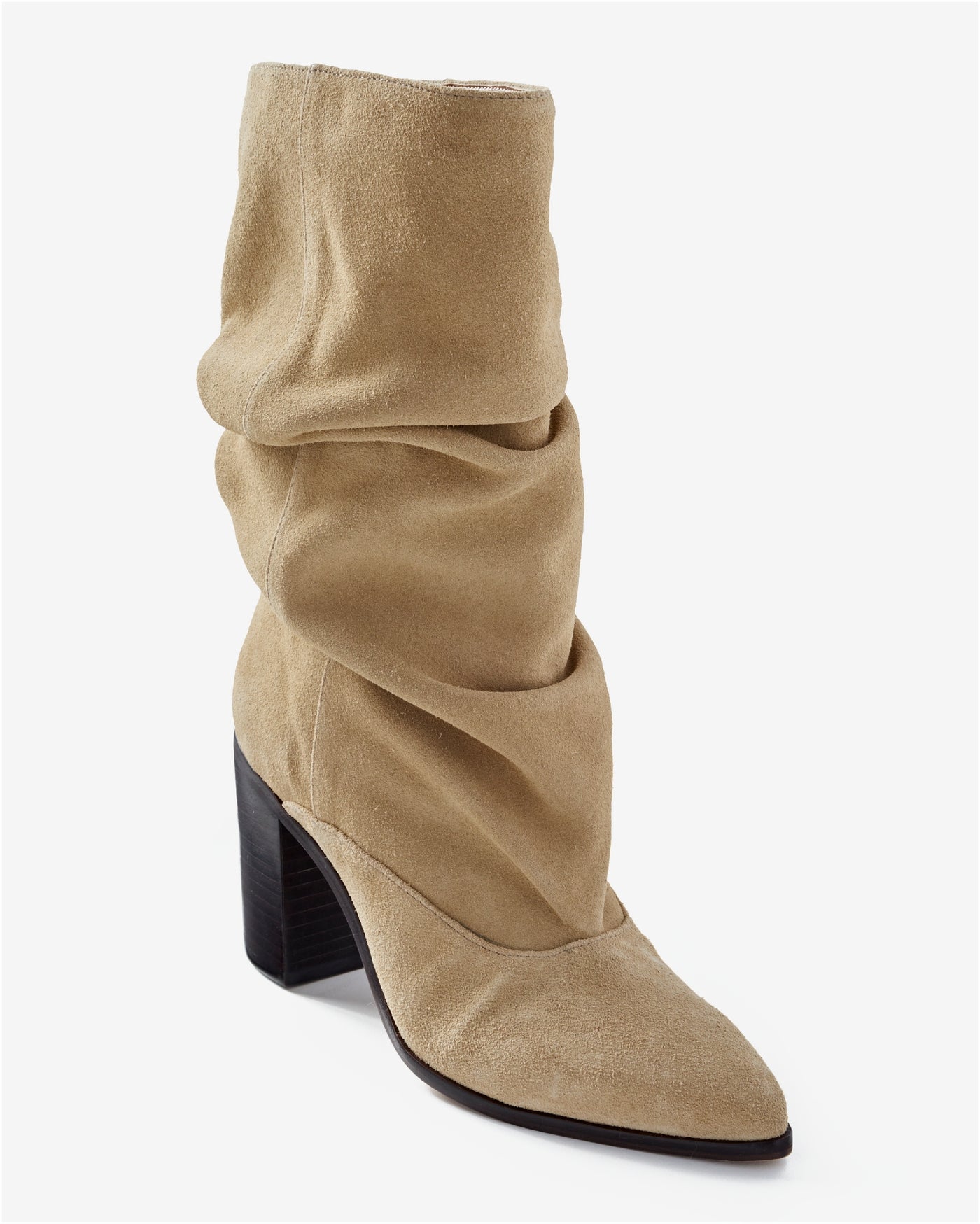 Suede Block Heel Slouchy Bootie Dark Taupe