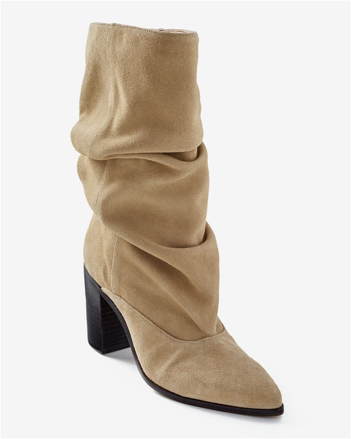 Suede Block Heel Slouchy Bootie Dark Taupe