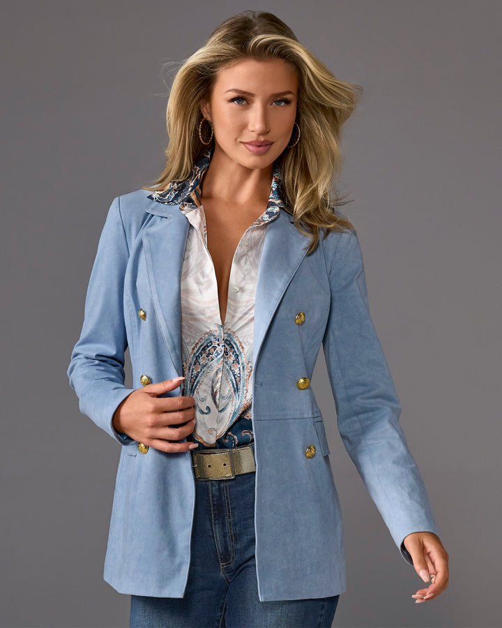 Faux Suede Double Breasted Boyfriend Blazer Blue