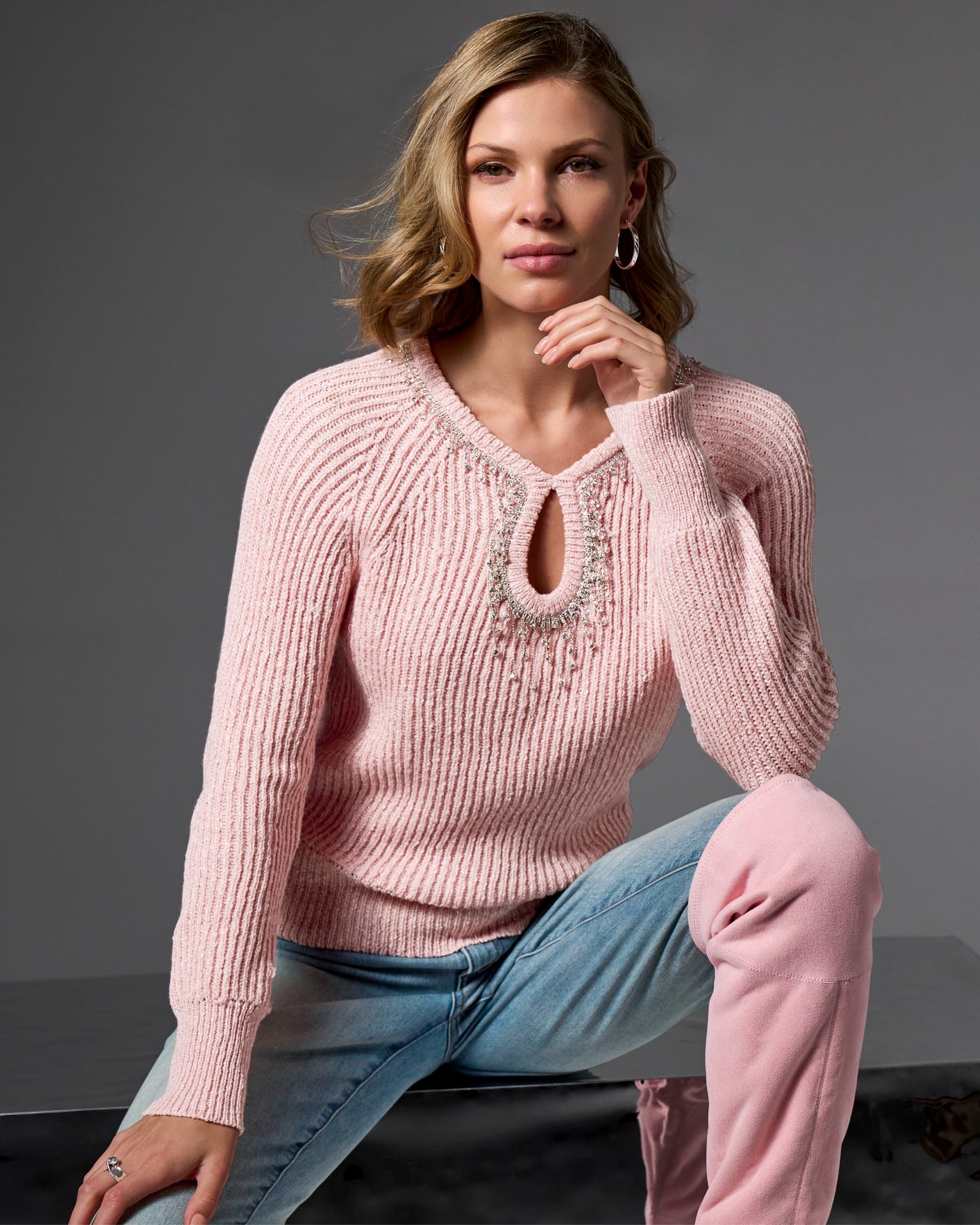 Keyhole Trim Embellished Sweater Bridal Rose