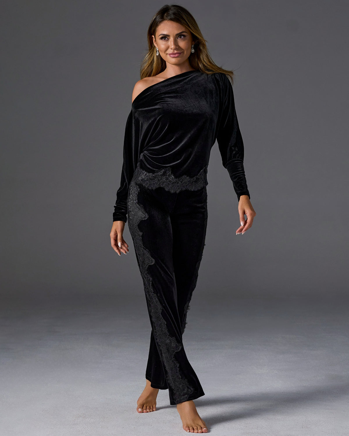 Chic Velour Lace Lounge Set Proper Black