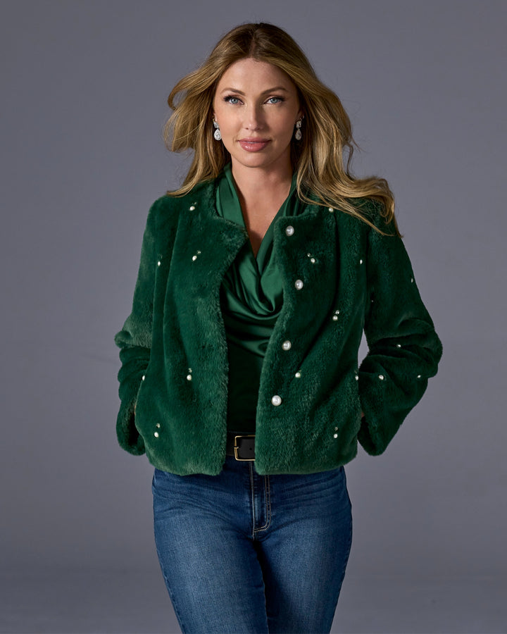 Pearl Embellished Faux Fur Collarless Chubby Emerald