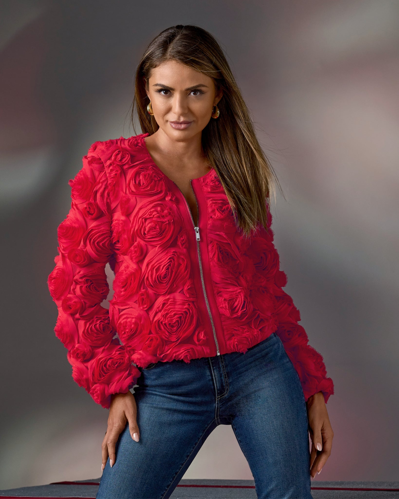 Rosette Zip Up Jacket - Racing Red | Boston Proper