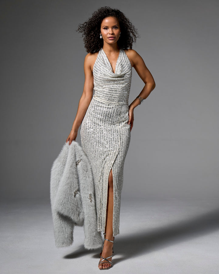 Sequin Rib Cowl Neck Slit Gown Silver