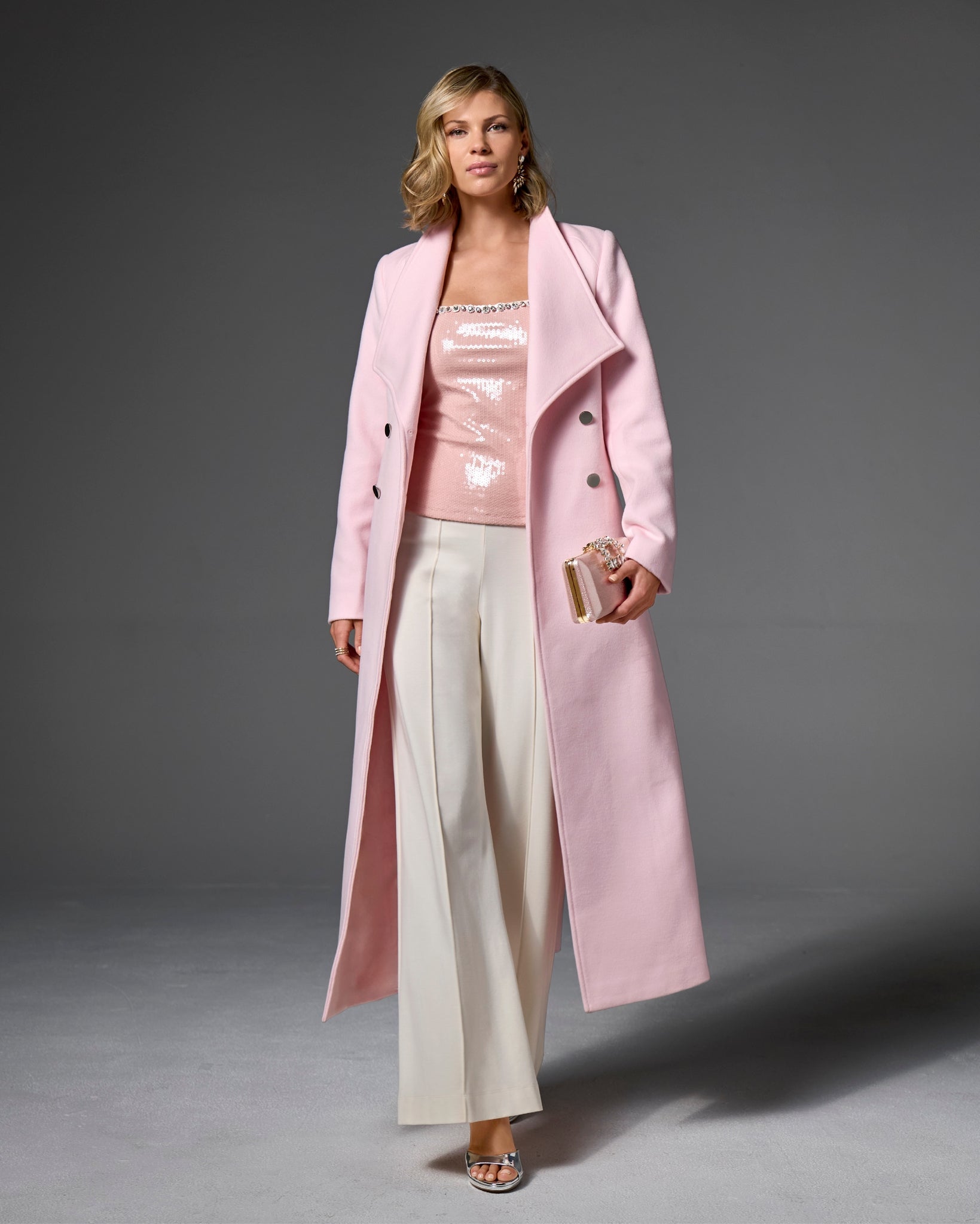 Luxe Shawl Collar Full Length Double Breasted Coat - Soft Pink