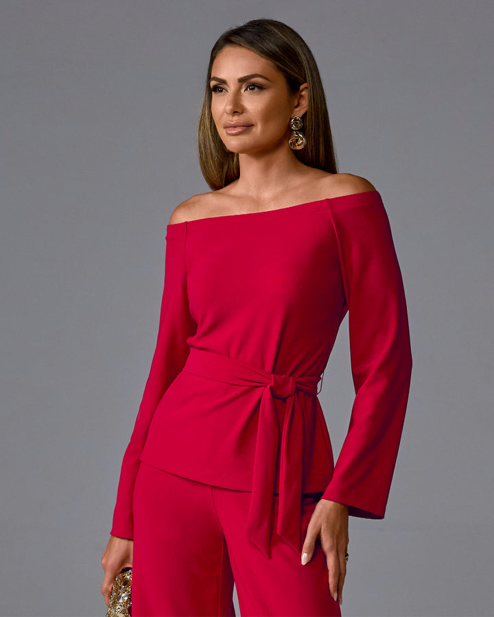 Beyond Travel Belted Off The Shoulder Top Tango Red