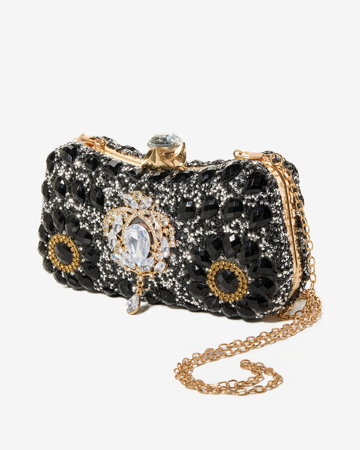 Floral Jeweled Clutch Black