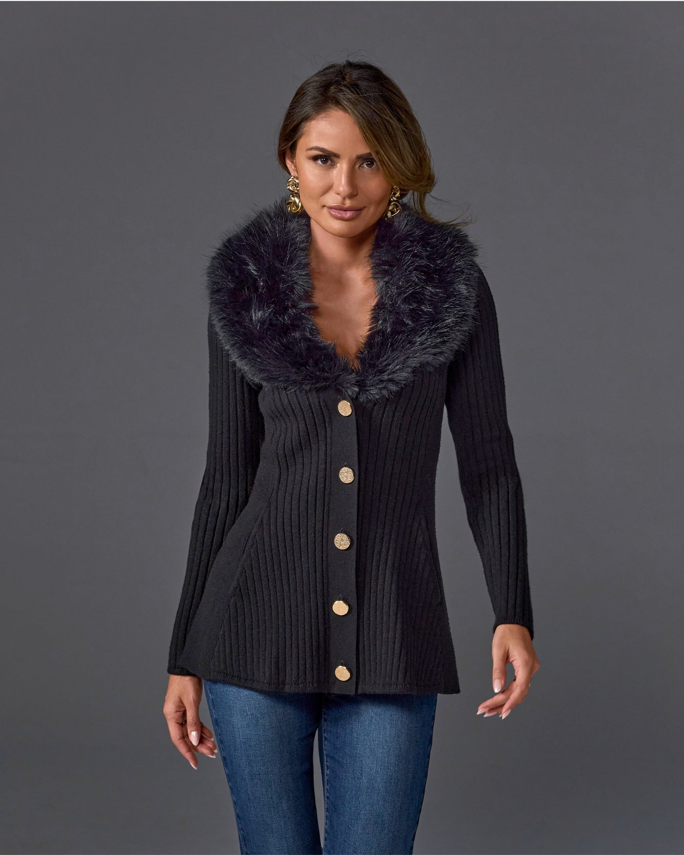 Faux Fur Trim Button Up A-Line Cardigan Proper Black