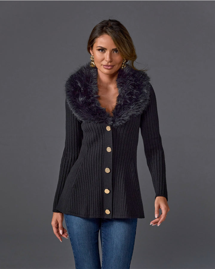Faux Fur Trim Button Up A-Line Cardigan Proper Black