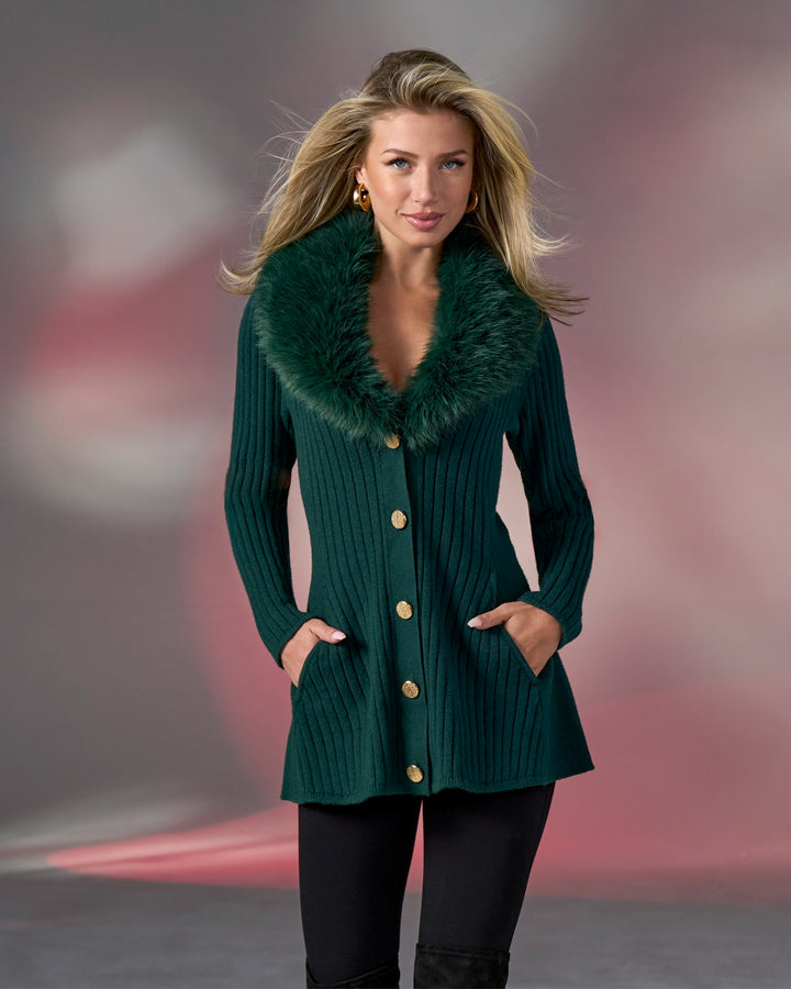 Faux Fur Trim Button Up A-Line Cardigan Emerald
